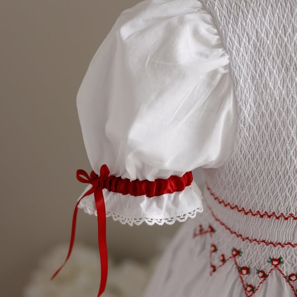 Strasburg Smocked Dress White with Red Trim Special Occassion Portrait - Picture 4 of 7